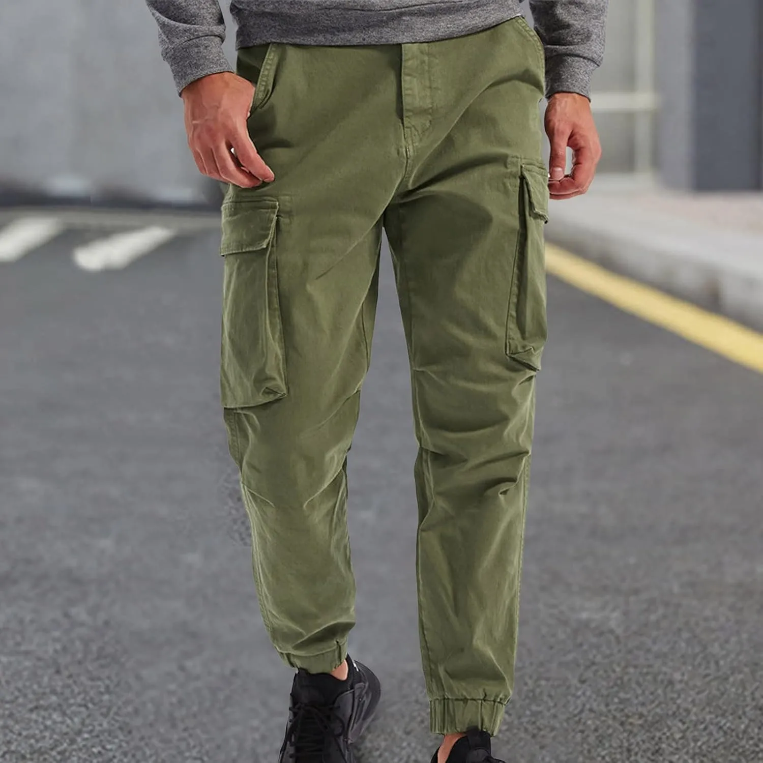 Men's Casual Cotton Mid-Waist Zip Cargo Pants Relaxed Fit Solid Cargo Trousers with Multi-Pocket