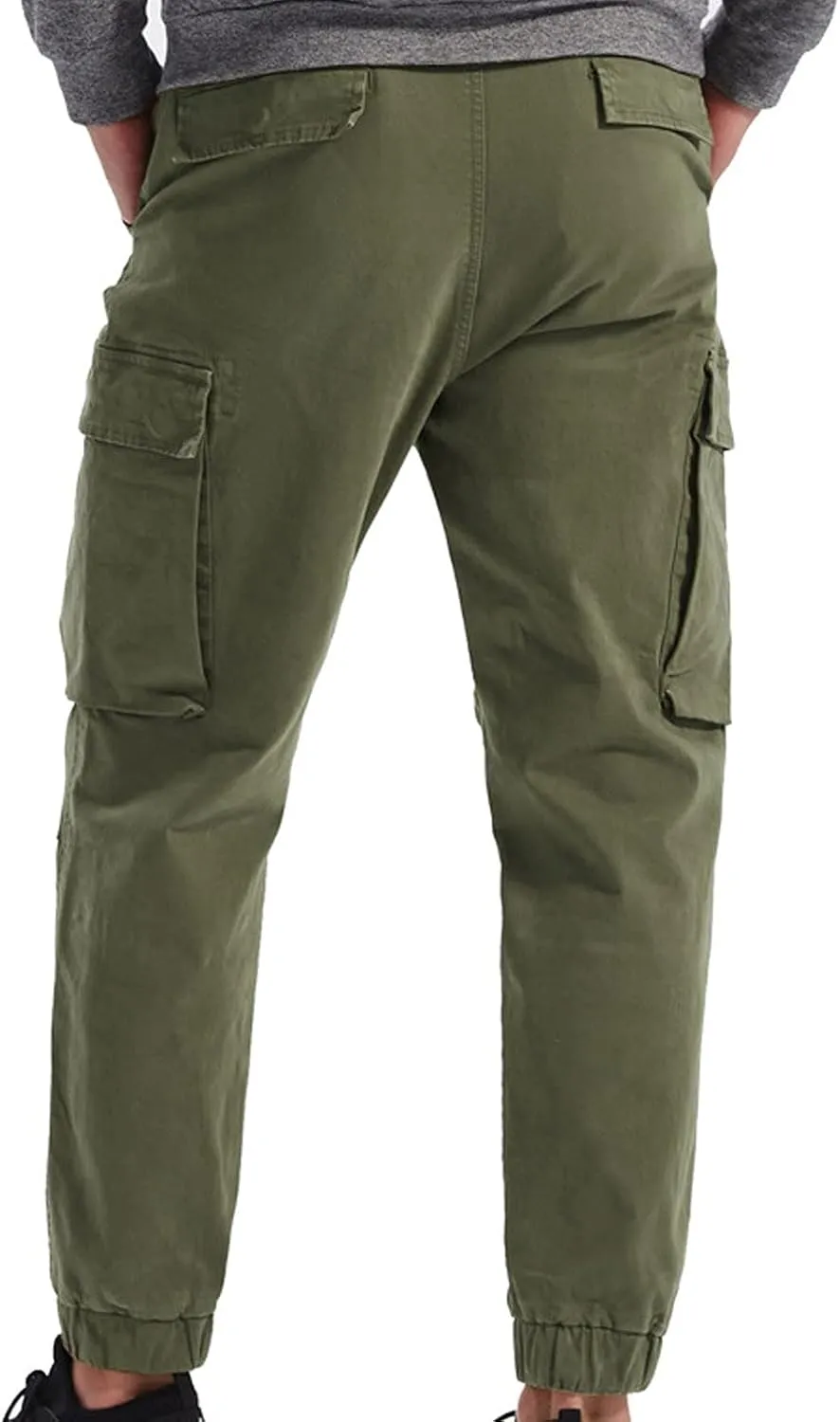 Men's Casual Cotton Mid-Waist Zip Cargo Pants Relaxed Fit Solid Cargo Trousers with Multi-Pocket