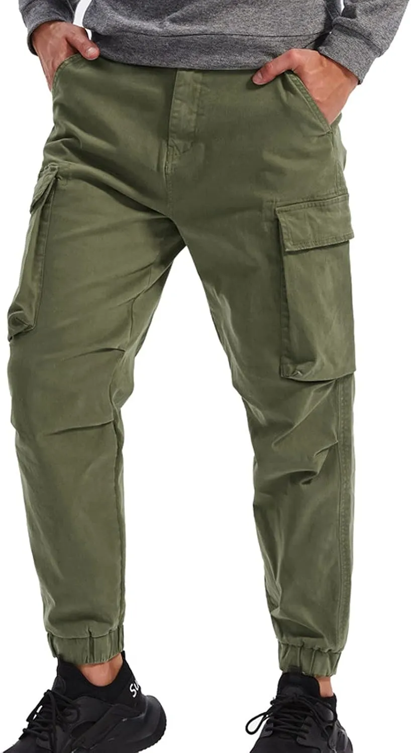 Men's Casual Cotton Mid-Waist Zip Cargo Pants Relaxed Fit Solid Cargo Trousers with Multi-Pocket