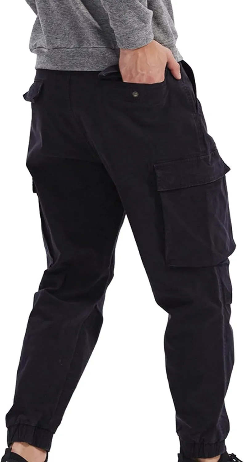 Men's Casual Cotton Mid-Waist Zip Cargo Pants Relaxed Fit Solid Cargo Trousers with Multi-Pocket