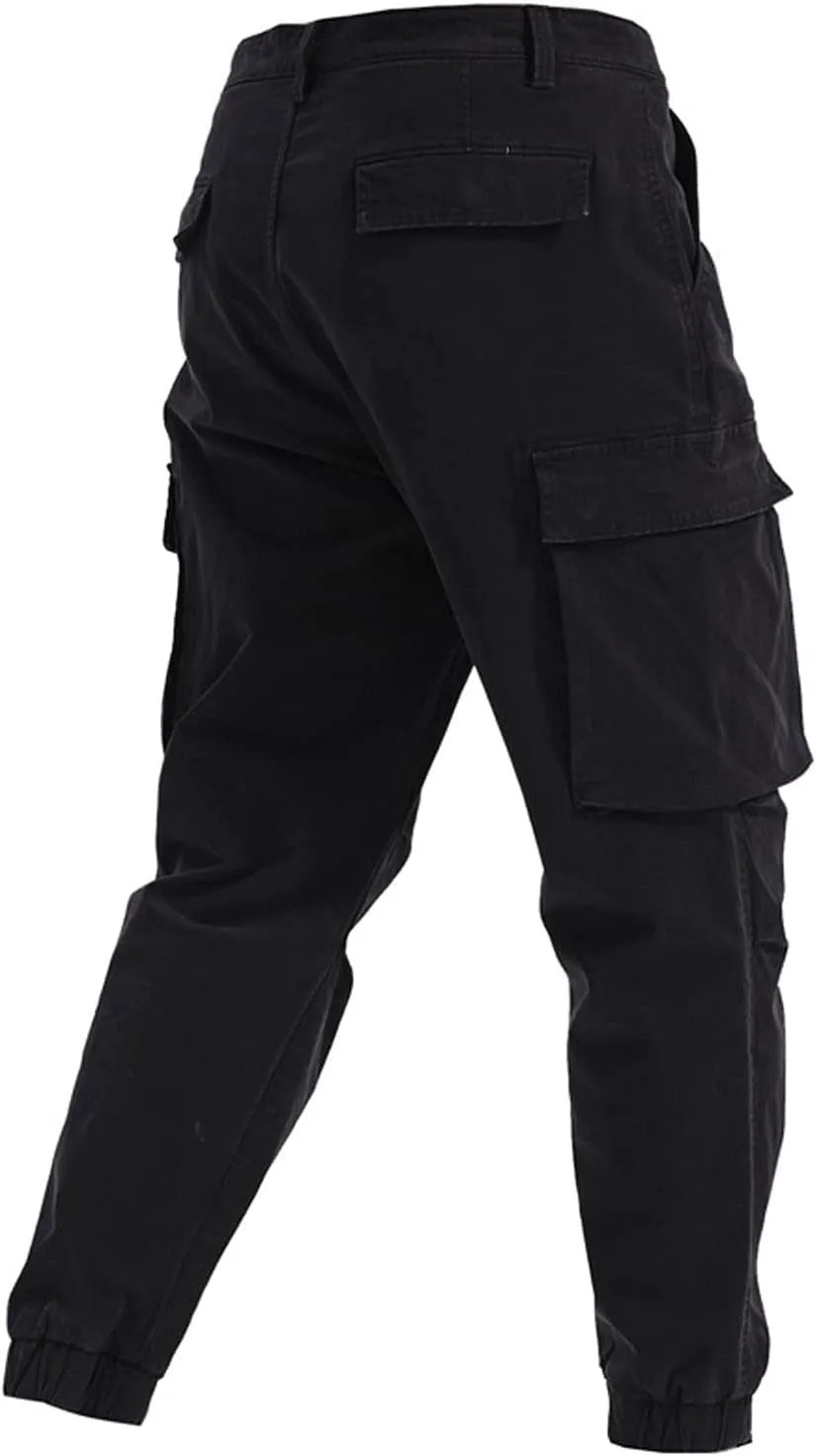 Men's Casual Cotton Mid-Waist Zip Cargo Pants Relaxed Fit Solid Cargo Trousers with Multi-Pocket