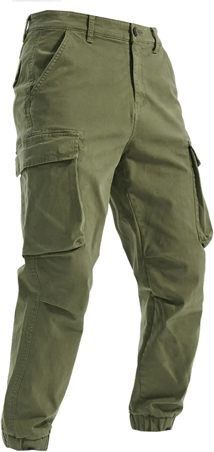 Men's Casual Cotton Mid-Waist Zip Cargo Pants Relaxed Fit Solid Cargo Trousers with Multi-Pocket