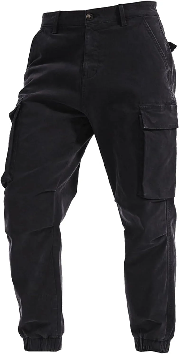 Men's Casual Cotton Mid-Waist Zip Cargo Pants Relaxed Fit Solid Cargo Trousers with Multi-Pocket