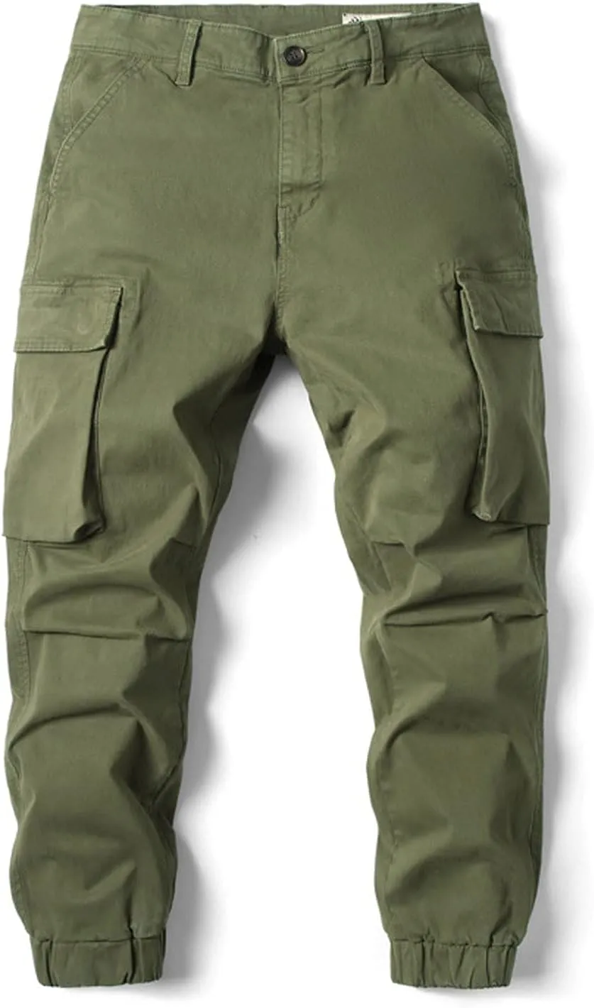 Men's Casual Cotton Mid-Waist Zip Cargo Pants Relaxed Fit Solid Cargo Trousers with Multi-Pocket