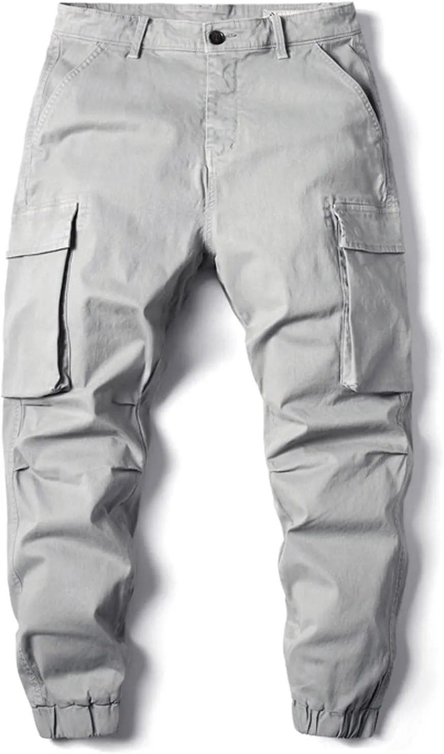 Men's Casual Cotton Mid-Waist Zip Cargo Pants Relaxed Fit Solid Cargo Trousers with Multi-Pocket