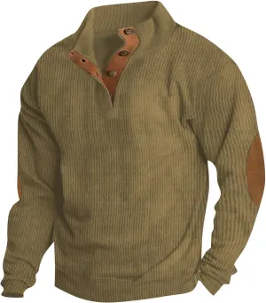 Men's Corduroy Sweatshirt Solid with Elbow Patch Warm Loose Button Pullover Autumn Fashion Popular Men's Sweater