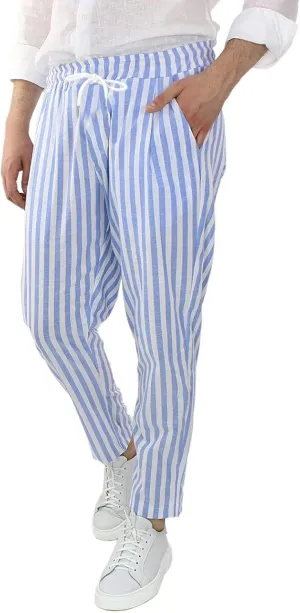 Mens Cotton Linen Striped Pants Casual Elastic Waist Slim Fit Straight Leg Beach Hippie Yoga Drawstring Comfy Trousers