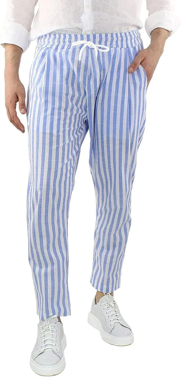 Mens Cotton Linen Striped Pants Casual Elastic Waist Slim Fit Straight Leg Beach Hippie Yoga Drawstring Comfy Trousers