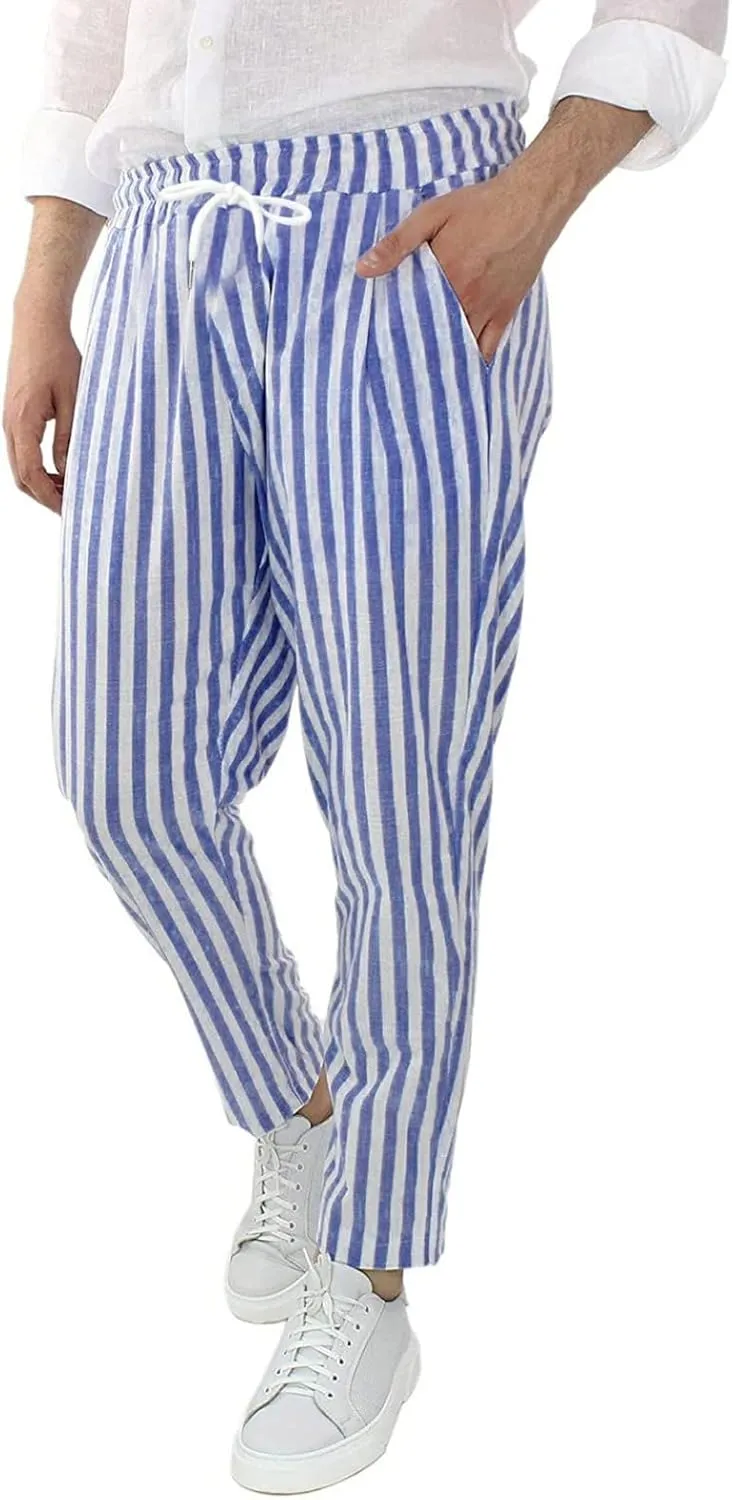 Mens Cotton Linen Striped Pants Casual Elastic Waist Slim Fit Straight Leg Beach Hippie Yoga Drawstring Comfy Trousers