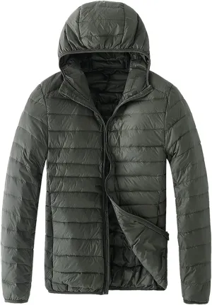 Men's Hooded Quilted Down Jacket, Men's Winter Water Resistant Hooded Puffer Jackets Zip Up Windbreaker Jacket with Pockets(F-Army Green,Medium)