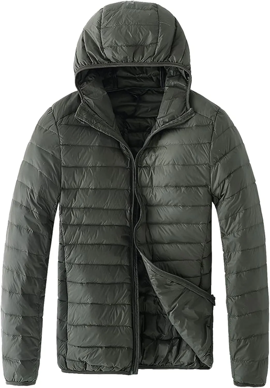 Men's Hooded Quilted Down Jacket, Men's Winter Water Resistant Hooded Puffer Jackets Zip Up Windbreaker Jacket with Pockets(F-Army Green,Medium)