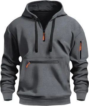 Mens Hoodies Quarter Zip Long Sleeve Tactical Sweatshirt Workout Pullover Shirt Loose Hooded Sweatshirt with Pockets
