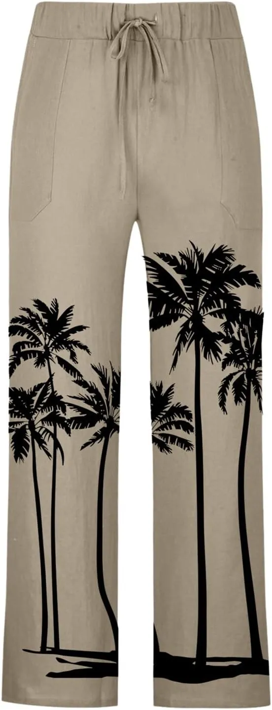 Mens Linen Pants Casual Coconut Tree Print Summer Beach Pants Elastic Waist Drawstring Baggy Trousers with Pockets