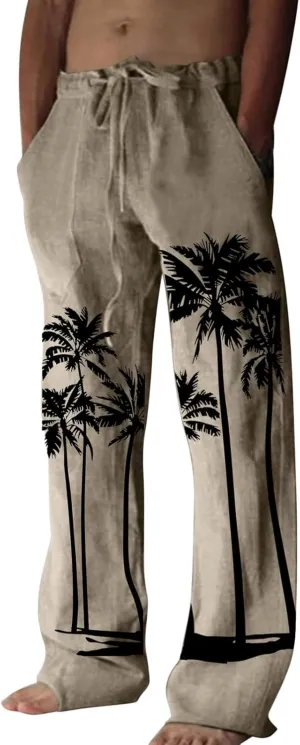Mens Linen Pants Casual Coconut Tree Print Summer Beach Pants Elastic Waist Drawstring Baggy Trousers with Pockets