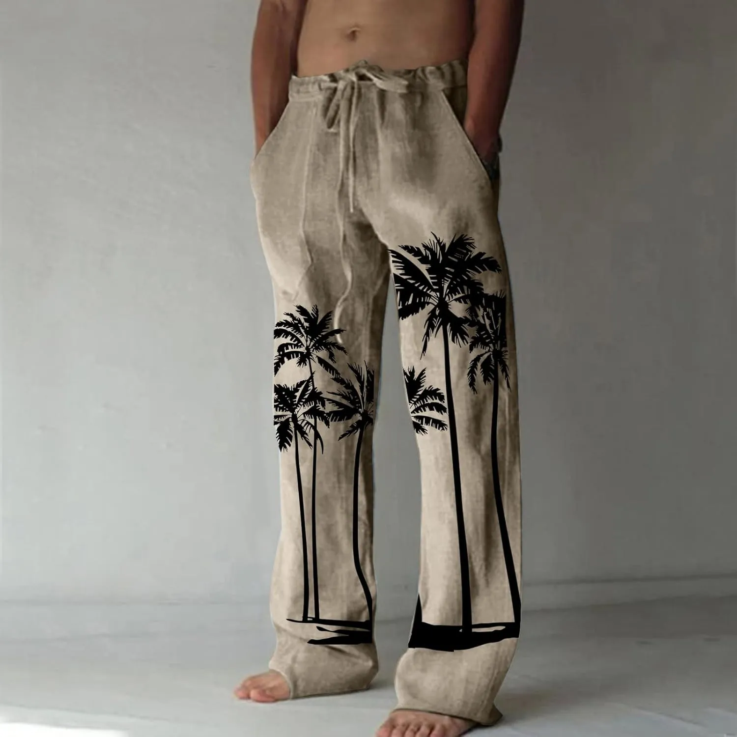Mens Linen Pants Casual Coconut Tree Print Summer Beach Pants Elastic Waist Drawstring Baggy Trousers with Pockets