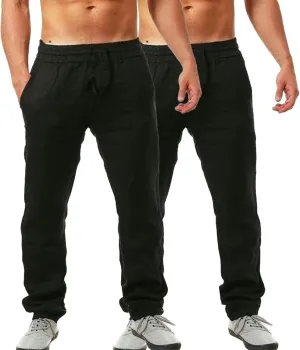 Mens Linen Pants Yoga Beach Loose Fit Casual Summer Elastic Waist Drawstring Lounge Trousers with Pockets 2 Pack