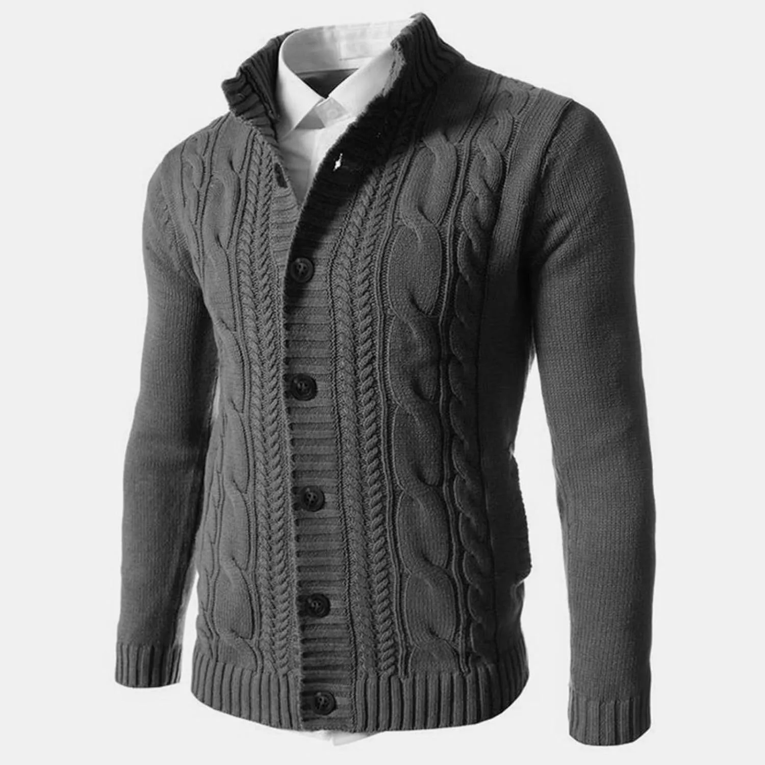 Mens Shawl Collar Cable Knitted Cardigan Sweaters Button Down Loose Fit Knitwear Open Front Sweaters Winter Outwear