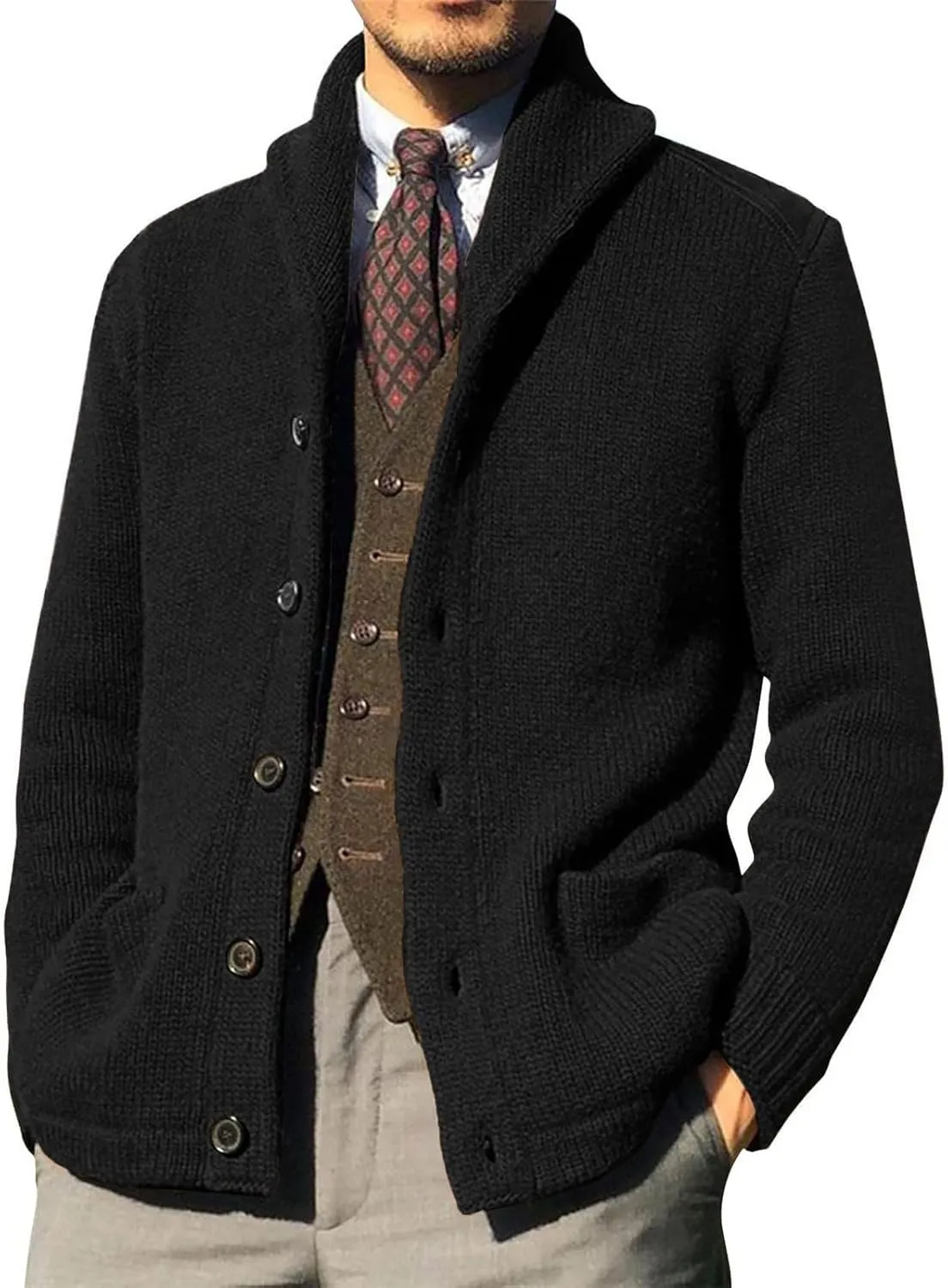 Mens Shawl Collar Cardigan Sweaters Button Down Cable Knitted Loose Fit Knitwear Open Front Sweaters Winter Outwear