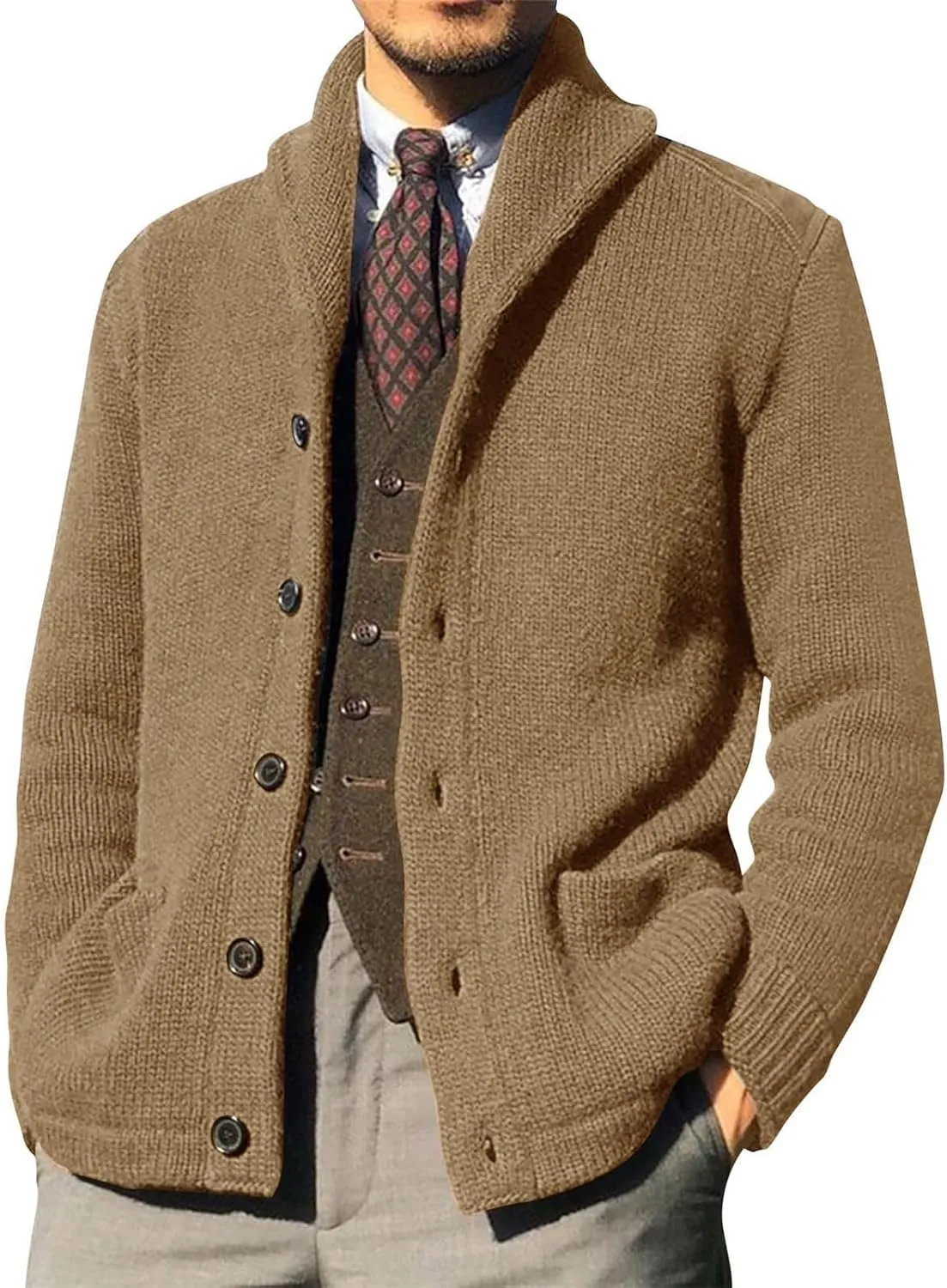 Mens Shawl Collar Cardigan Sweaters Button Down Cable Knitted Loose Fit Knitwear Open Front Sweaters Winter Outwear