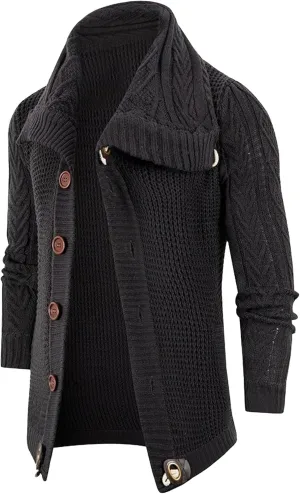 Men's Turtleneck Fashion Cardigan Knit Sweater Loose Fit Cable Warm Sweater Button Down Open Front Sweaters