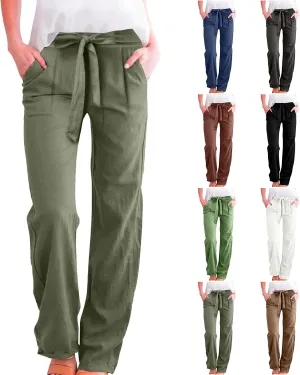 midelxp Straight Leg Linen Pants Women Summer Lightweight Drawstring High Waist Plus Size Pants Loose Comfy Boho Beach Pants
