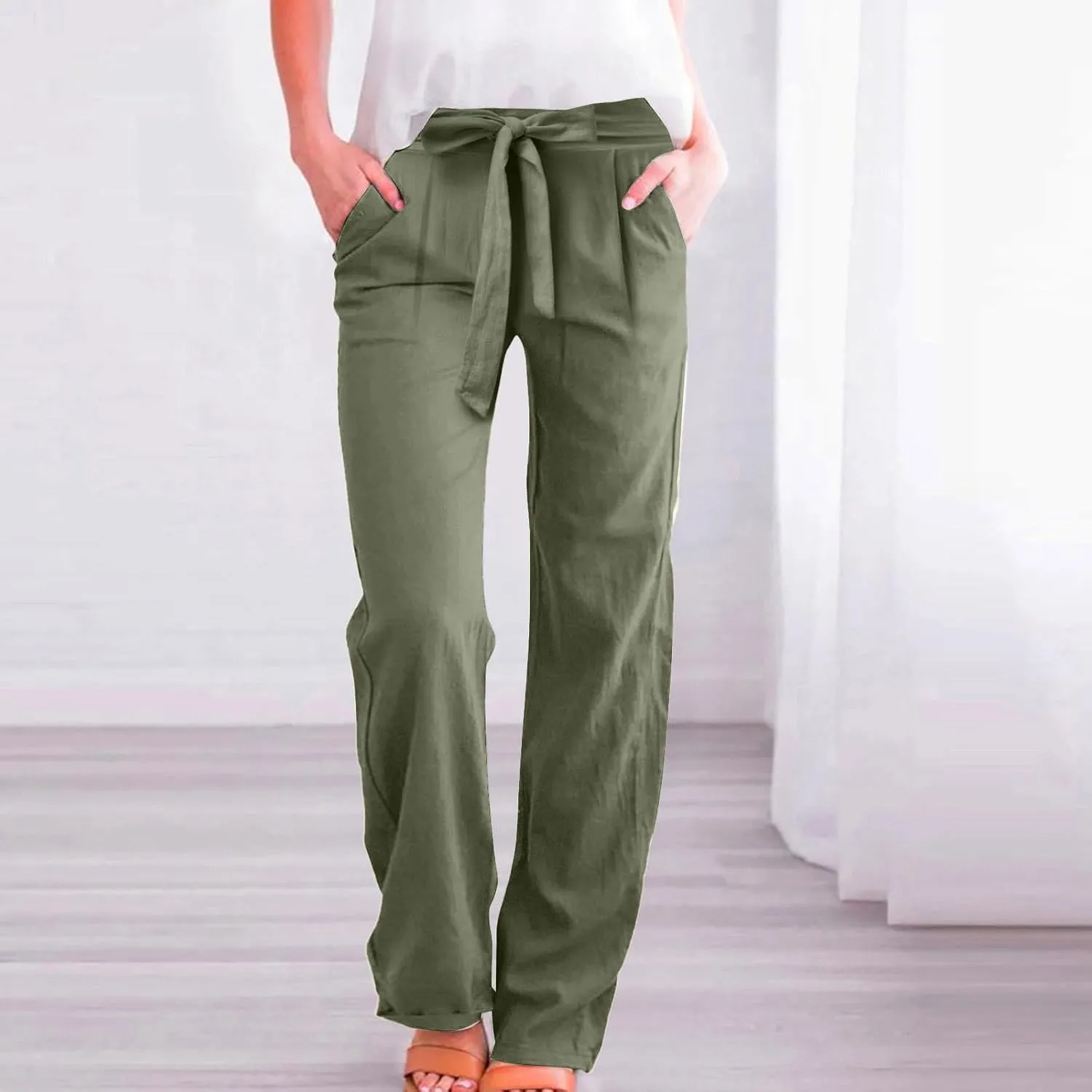 midelxp Straight Leg Linen Pants Women Summer Lightweight Drawstring High Waist Plus Size Pants Loose Comfy Boho Beach Pants