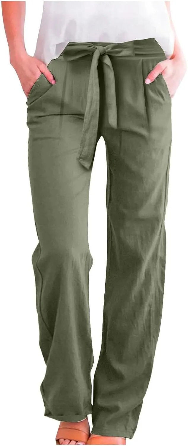 midelxp Straight Leg Linen Pants Women Summer Lightweight Drawstring High Waist Plus Size Pants Loose Comfy Boho Beach Pants
