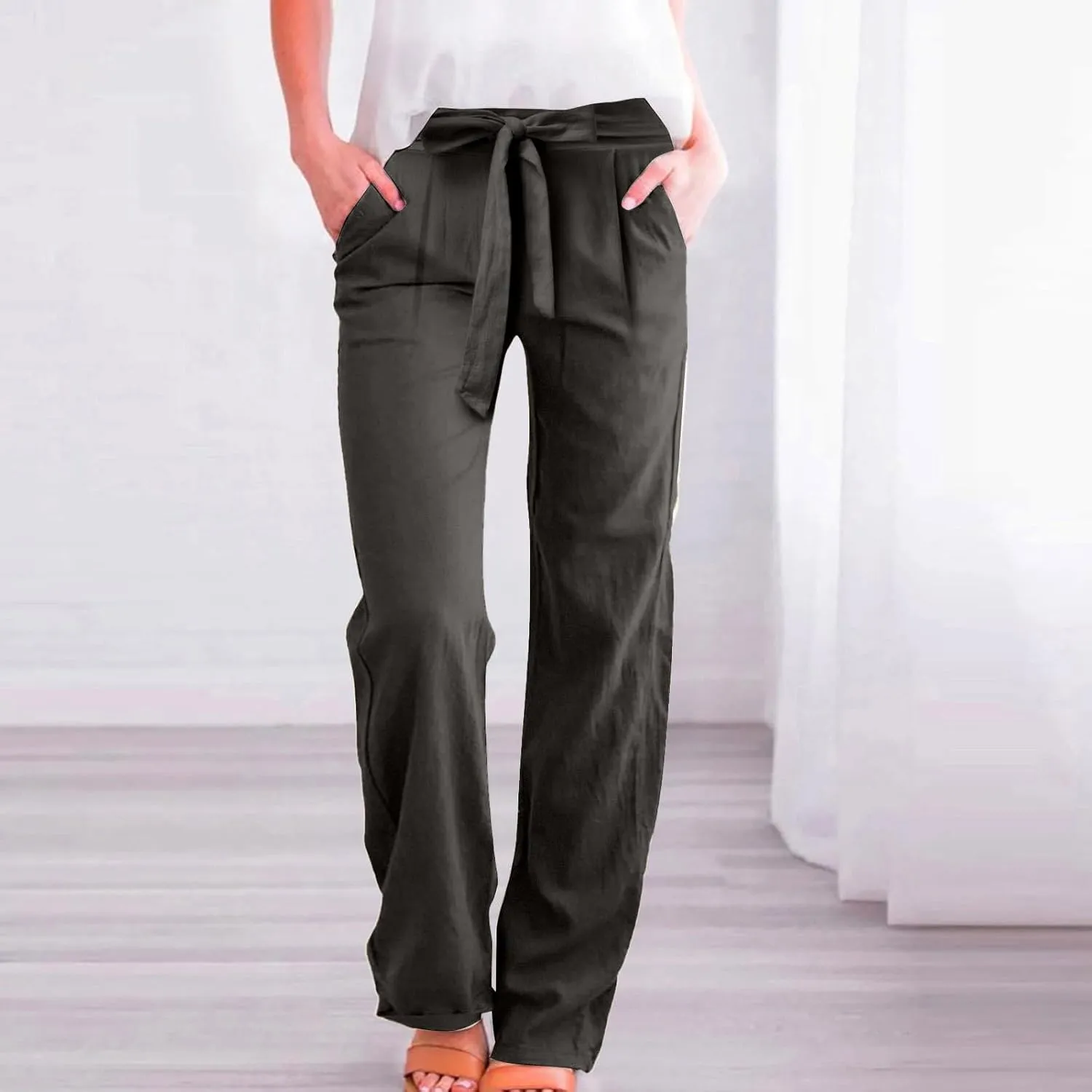 midelxp Straight Leg Linen Pants Women Summer Lightweight Drawstring High Waist Plus Size Pants Loose Comfy Boho Beach Pants