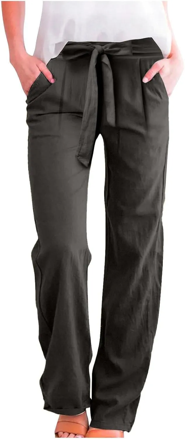 midelxp Straight Leg Linen Pants Women Summer Lightweight Drawstring High Waist Plus Size Pants Loose Comfy Boho Beach Pants