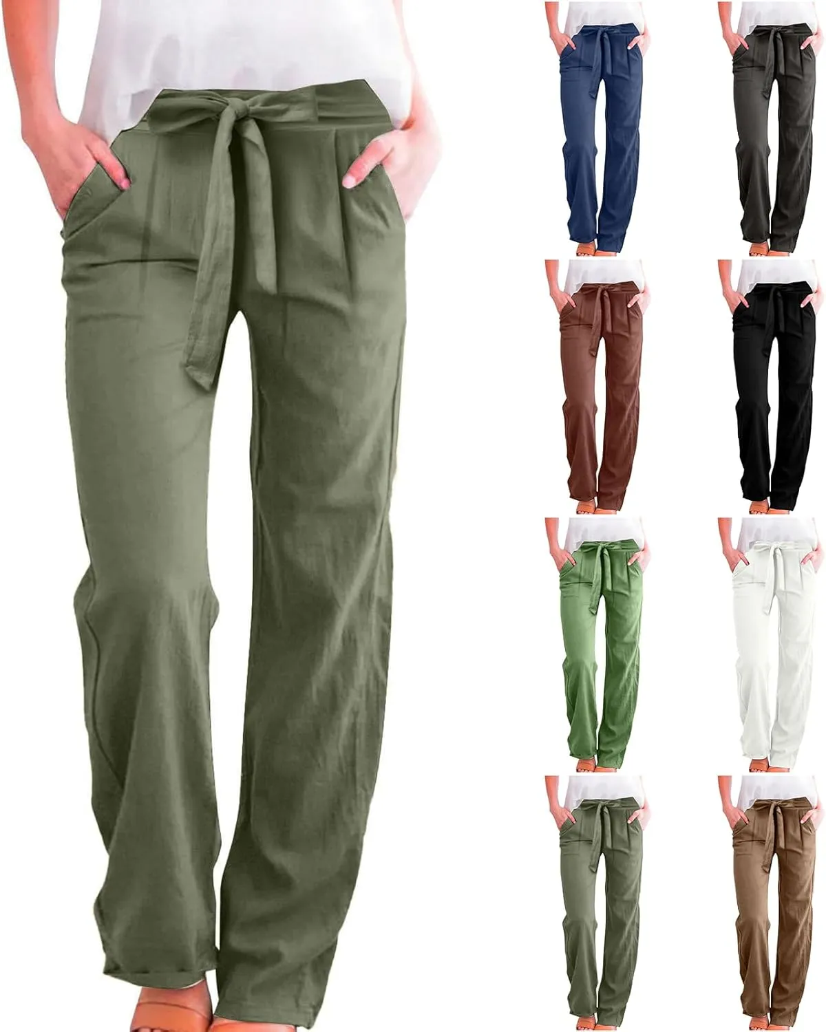 midelxp Straight Leg Linen Pants Women Summer Lightweight Drawstring High Waist Plus Size Pants Loose Comfy Boho Beach Pants