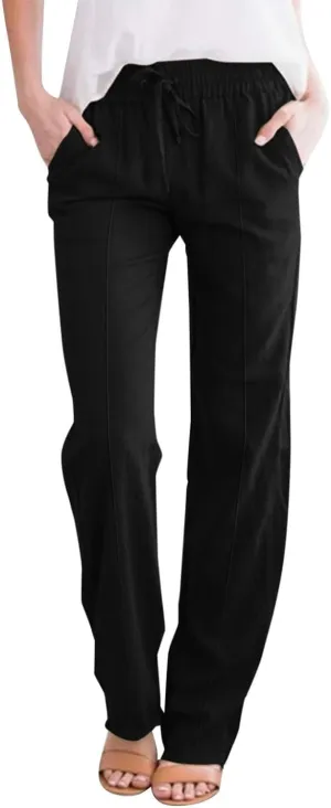 midelxp Summer Linen Pants for Women Lightweight Loose Fit Long Trousers with Pockets High Waisted Vacation Beach Pants 2025