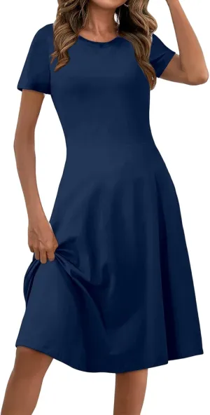 Midi Dresses for Women Casual Sundresses Short Sleeve Crewneck Summer Dress Empire Waist A-Line Dresses 2025