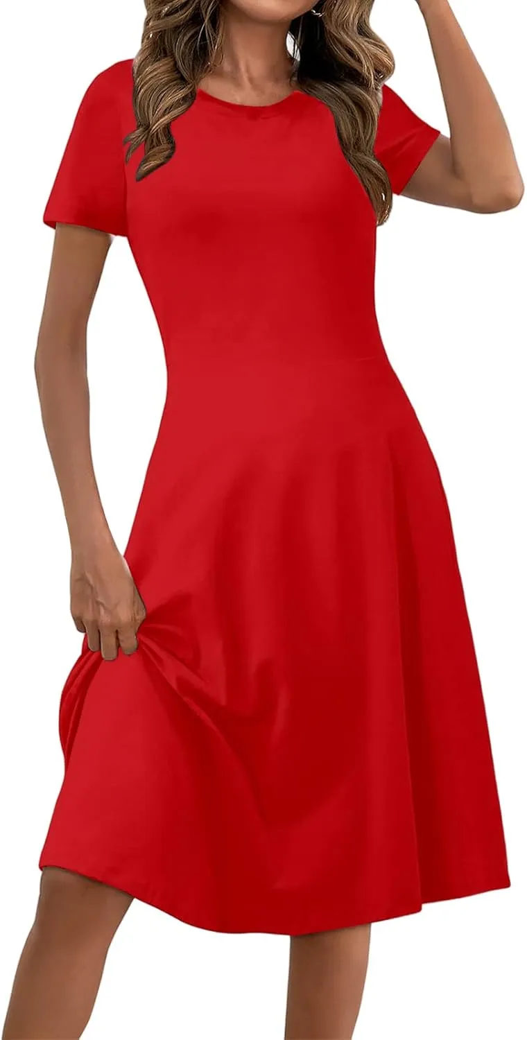 Midi Dresses for Women Casual Sundresses Short Sleeve Crewneck Summer Dress Empire Waist A-Line Dresses 2025