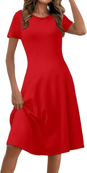 Midi Dresses for Women Casual Sundresses Short Sleeve Crewneck Summer Dress Empire Waist A-Line Dresses 2025