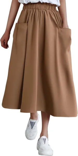 Midi Skirts for Women High Elastic Waist Loose Casual Flowy A-Line Summer Vacation Maxi Skirts with Pockets Streetwear