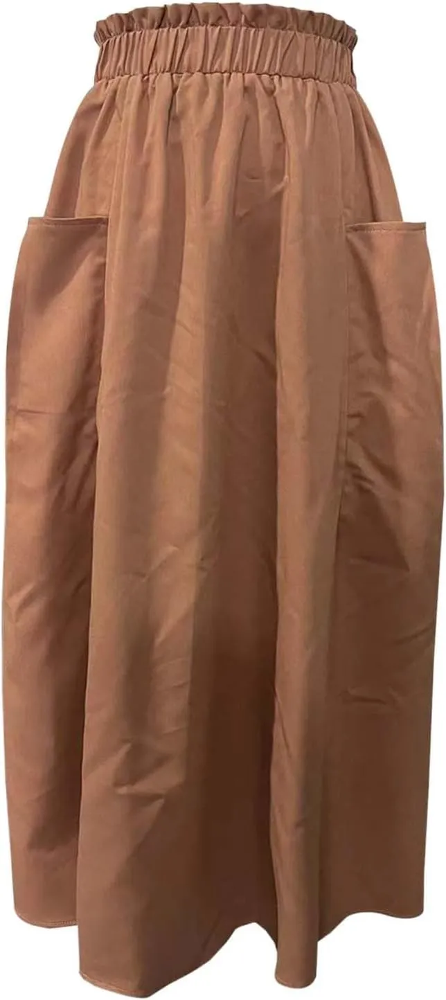 Midi Skirts for Women High Elastic Waist Loose Casual Flowy A-Line Summer Vacation Maxi Skirts with Pockets Streetwear