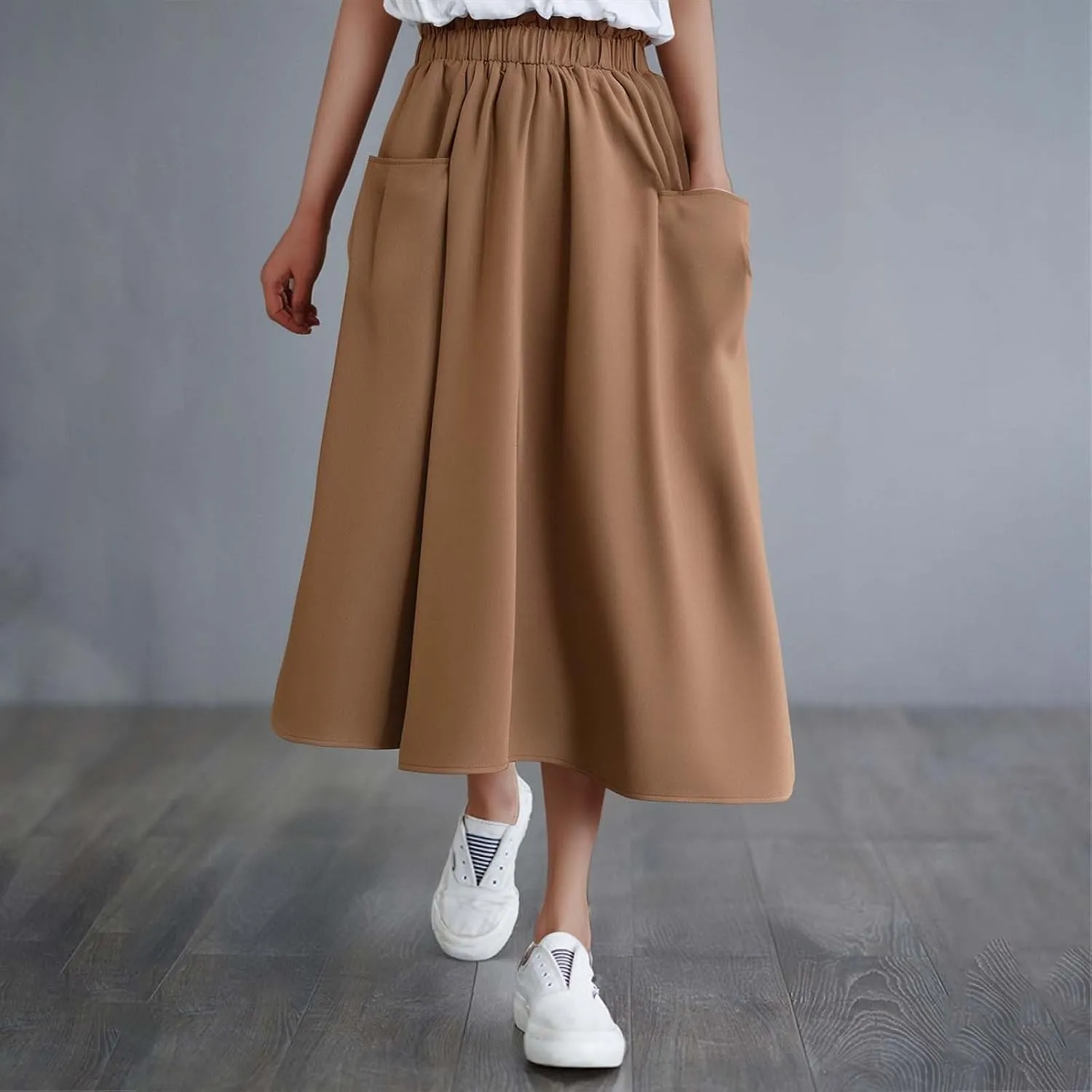 Midi Skirts for Women High Elastic Waist Loose Casual Flowy A-Line Summer Vacation Maxi Skirts with Pockets Streetwear