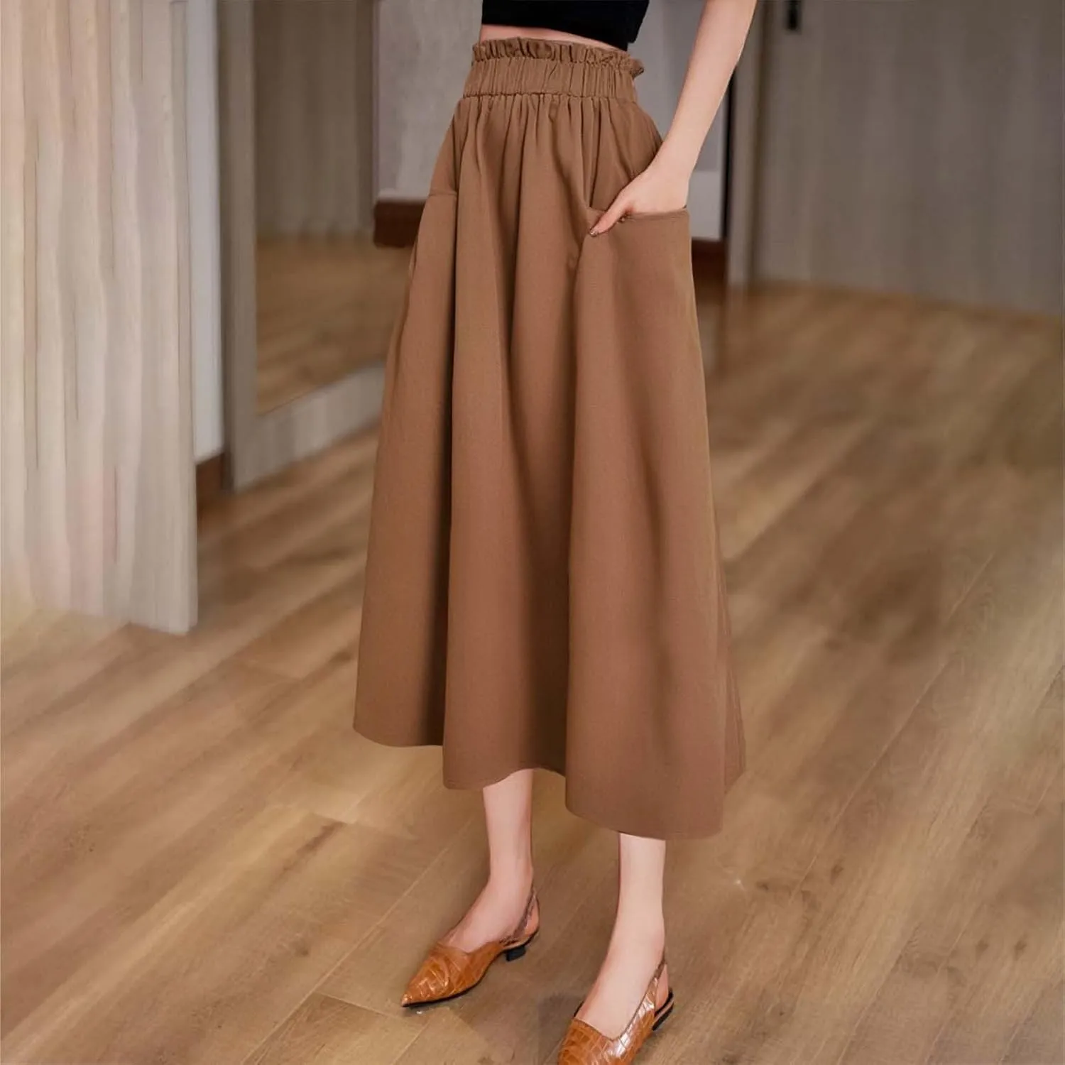 Midi Skirts for Women High Elastic Waist Loose Casual Flowy A-Line Summer Vacation Maxi Skirts with Pockets Streetwear
