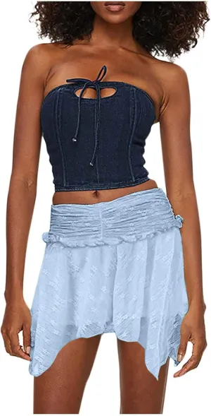 Mini Skirt for Women Solid Sexy Lace Low Rise Layered Pleated Flowy Skirts Casual Fashion Flowy Asymmetrical Skorts