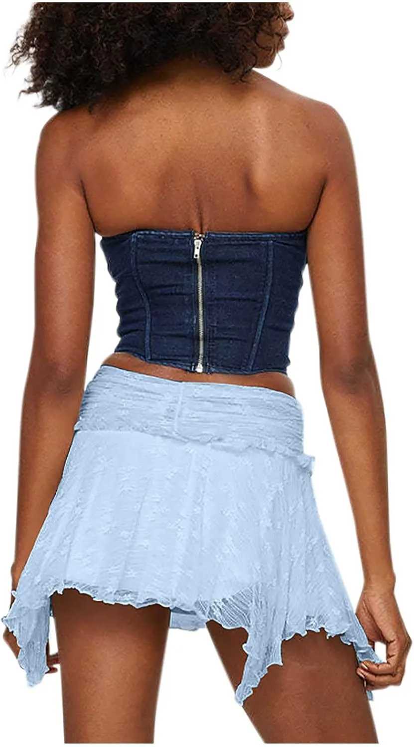 Mini Skirt for Women Solid Sexy Lace Low Rise Layered Pleated Flowy Skirts Casual Fashion Flowy Asymmetrical Skorts