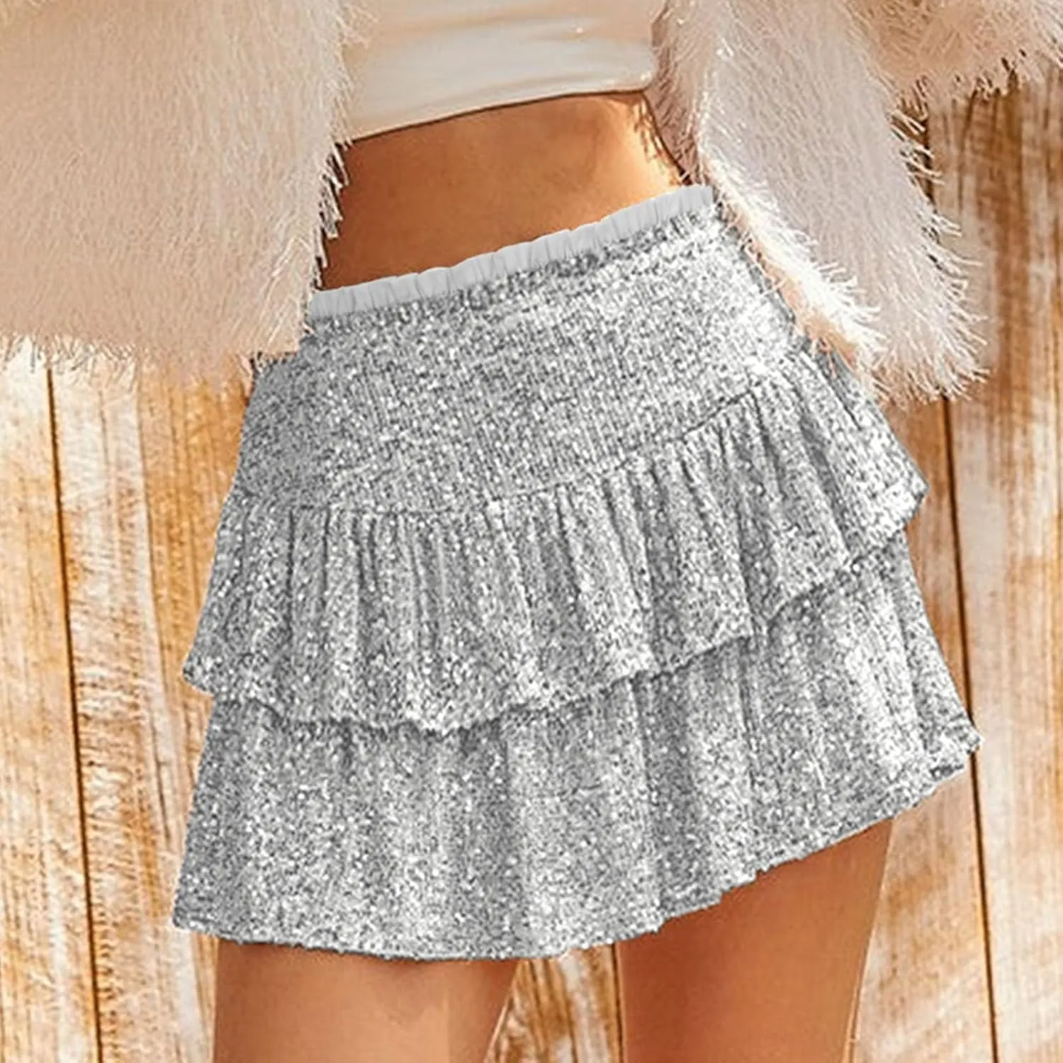 Mini Skirts for Women Trendy Sequin Sparkly High Waist Tummy Control Hot Ruffles A Line Pleated Dance Short Skirts