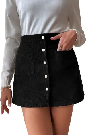 Mini Wrap Skirts for Women Corduroy Vintage Button Front Pleated A-line High Waisted Short Skirts with Pockets