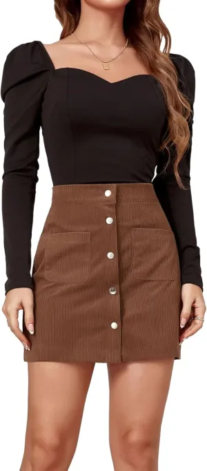 Mini Wrap Skirts for Women Corduroy Vintage Button Front Pleated A-line High Waisted Short Skirts with Pockets