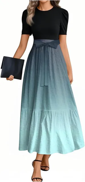 Modest Dresses for Women 2025 Puff Short Sleeve Floral Summer Church Sundress Retro Wedding Guest Dress with Belt