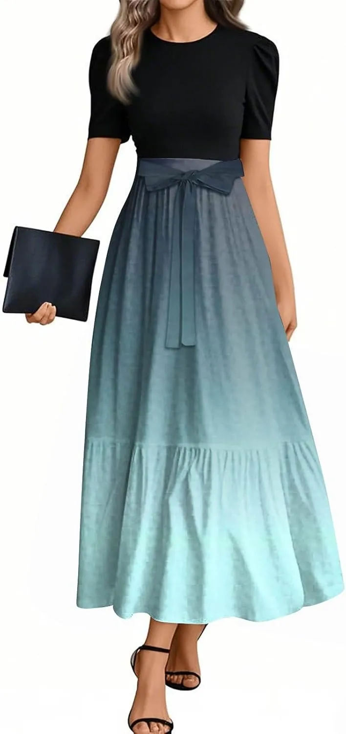 Modest Dresses for Women 2025 Puff Short Sleeve Floral Summer Church Sundress Retro Wedding Guest Dress with Belt