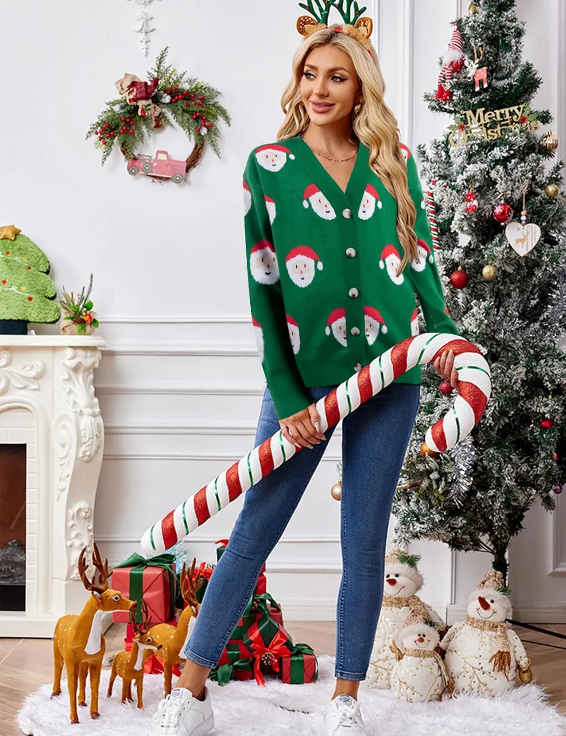 MOUSYA Ugly Christmas Sweater Cardigan Women Santa Claus Open Front Button Down Top Lightweight Knit Cardigan Crewneck