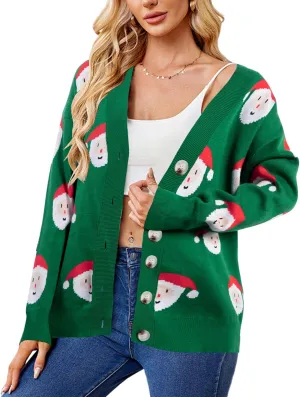 MOUSYA Ugly Christmas Sweater Cardigan Women Santa Claus Open Front Button Down Top Lightweight Knit Cardigan Crewneck