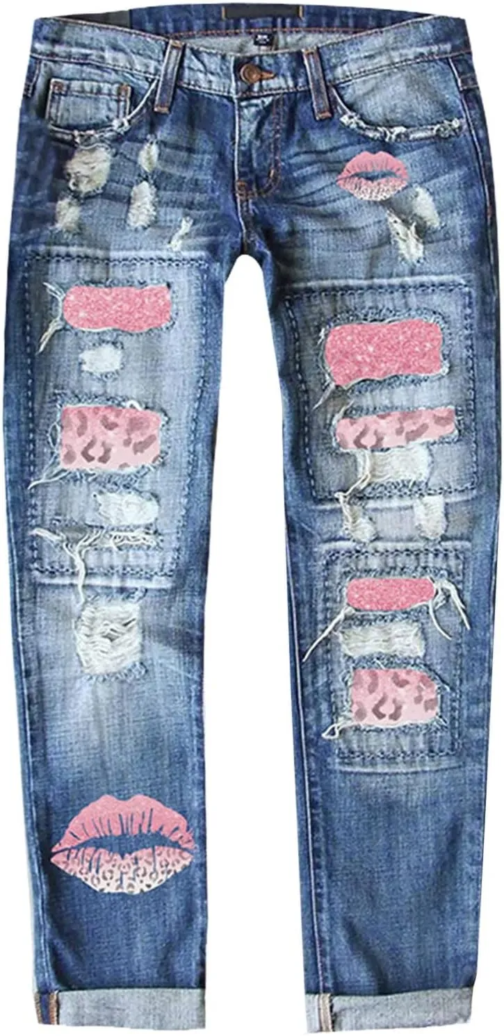 Muyise Boyfriend Jeans for Women Patchwork Distressed Casual Ripped Jeans Stretch Straight Leg Denim Trousers with Pockets