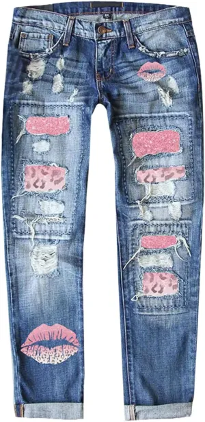 Muyise Boyfriend Jeans for Women Patchwork Distressed Casual Ripped Jeans Stretch Straight Leg Denim Trousers with Pockets