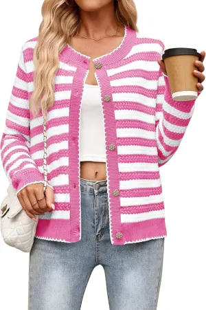 NENONA Women's Long Sleeve Striped Cardigan Sweaters Button Down Cable Knit 2024 Fall Classy Outwear